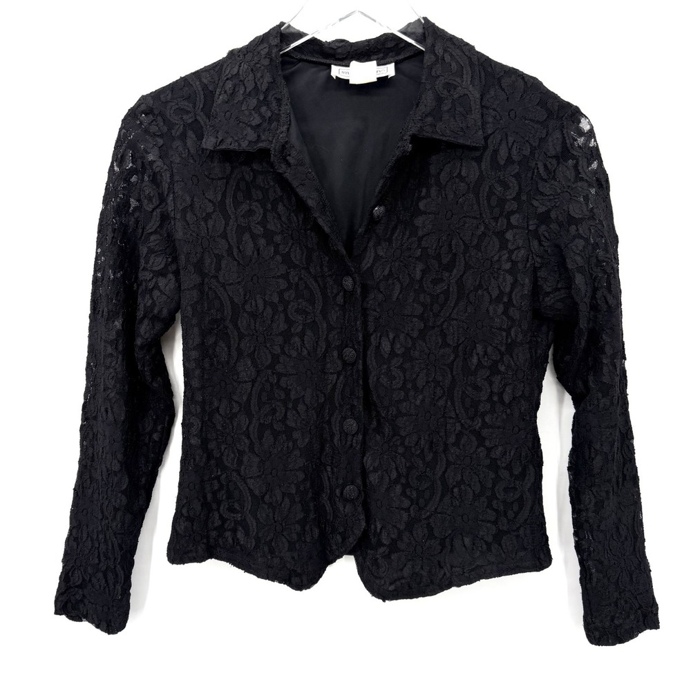 Vintage‎ Lace Witchy Whimsigoth Top Size M Vamp Button Up Long Sleeve Black
